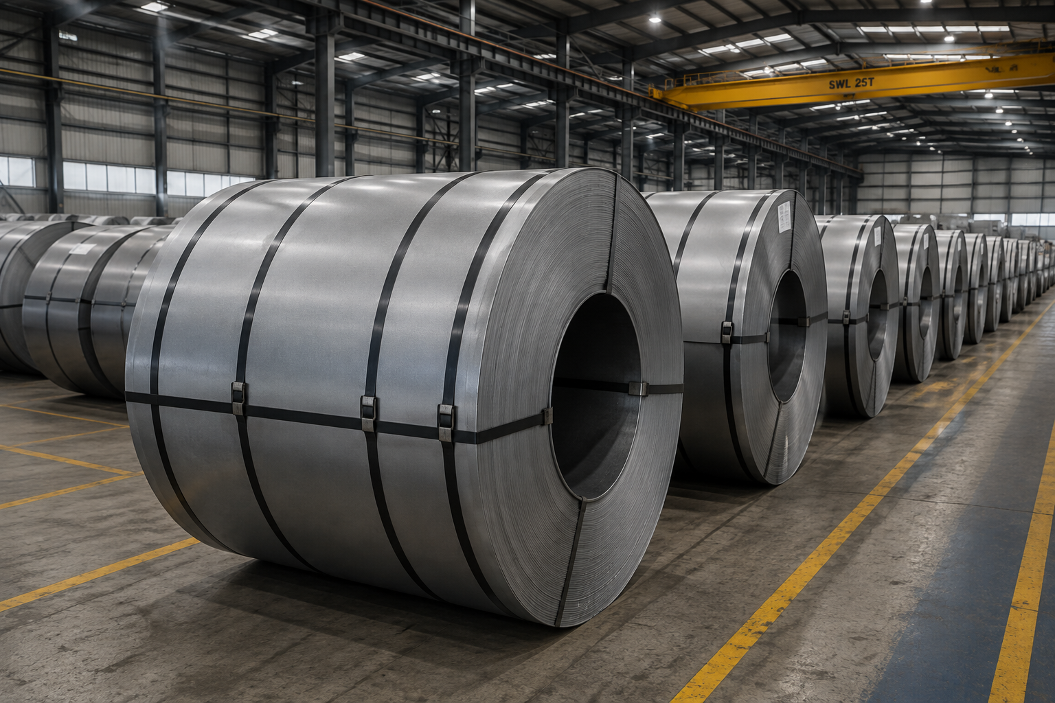 Stacked galvanised zed and top-hat sections in the workshop