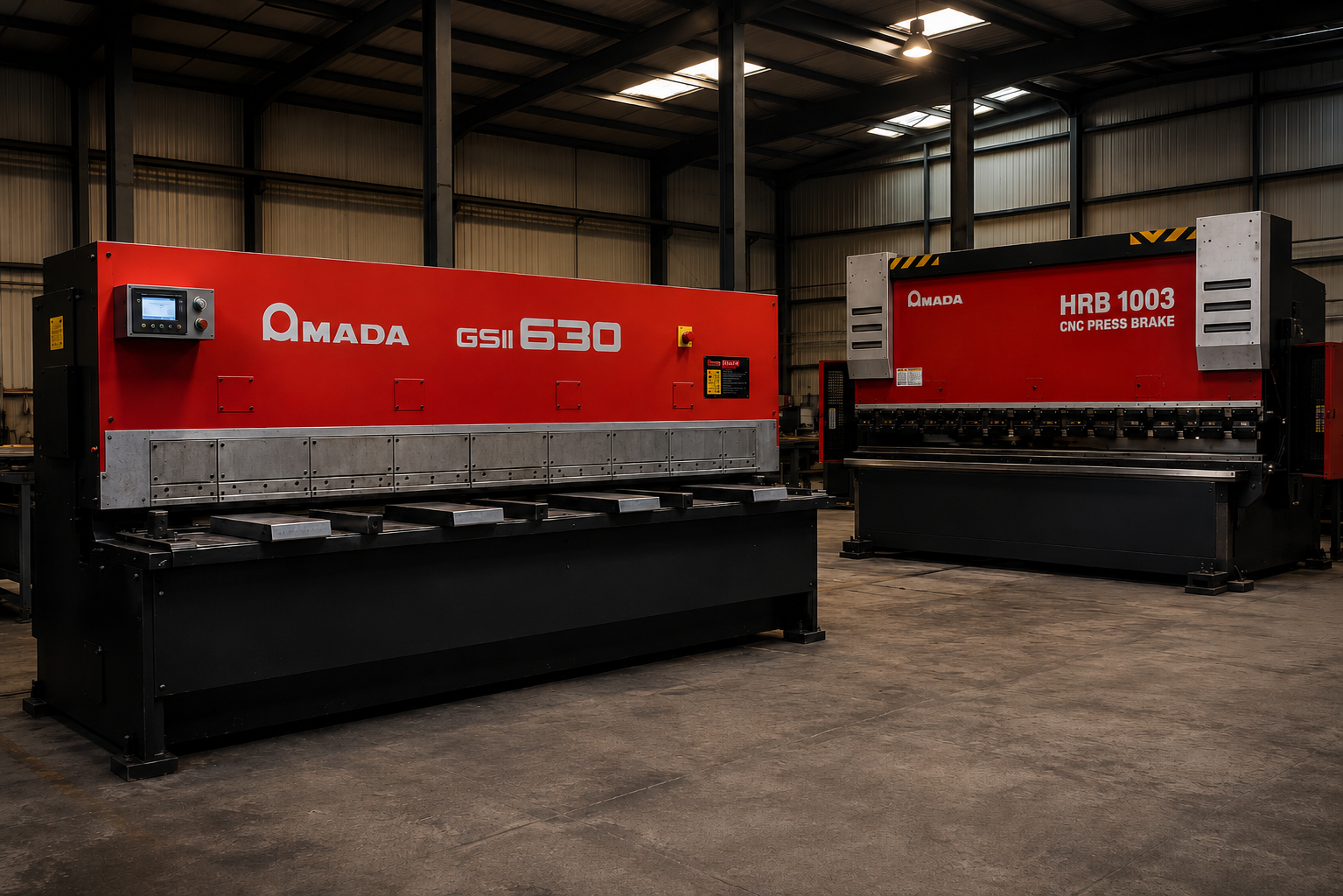 AMADA GS II-630 guillotine and AMADA HRB-1003 CNC press brake inside the Color-Clad workshop in Abertillery
